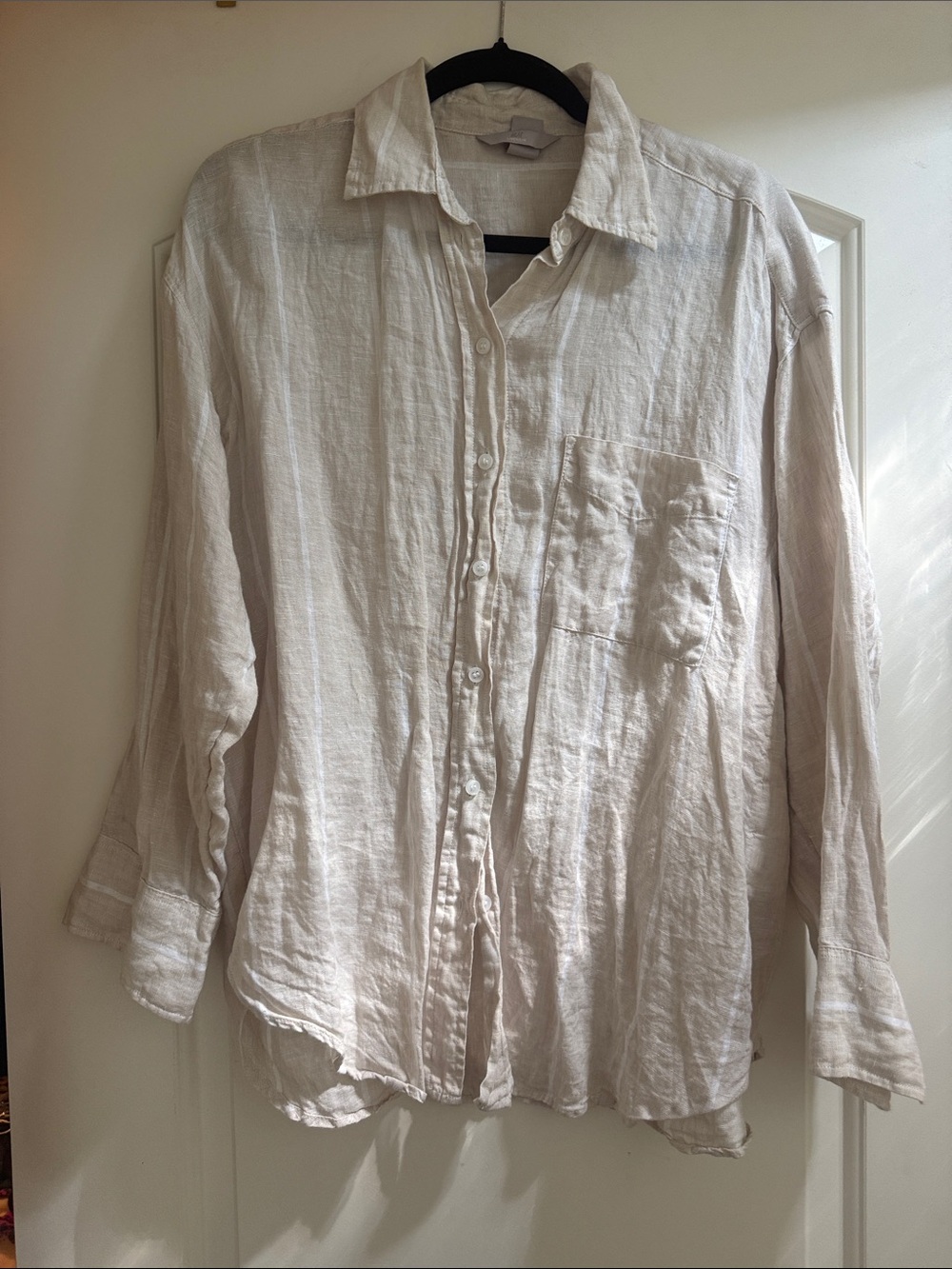 Women’s Linen Button-Up Shirt in Light Beige and white stripe